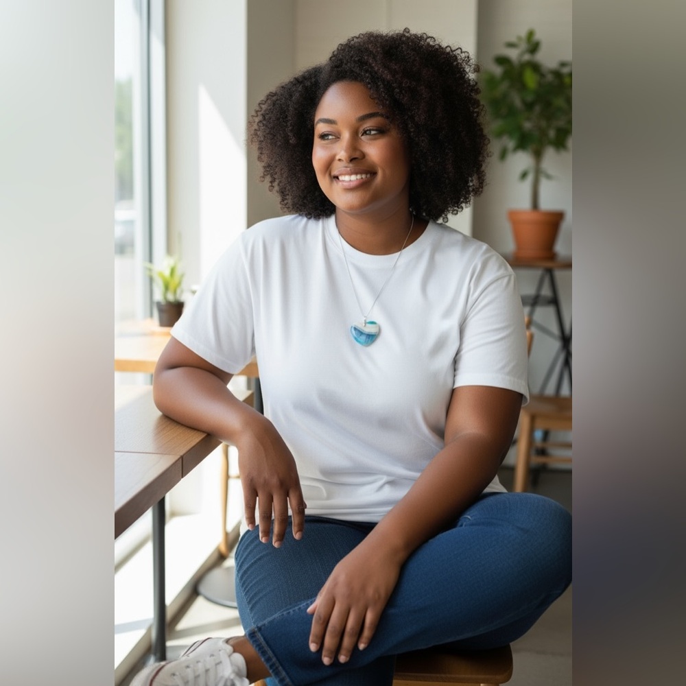 Blue Agate Heart Pendant Necklace on 18” Silver-Plated Chain